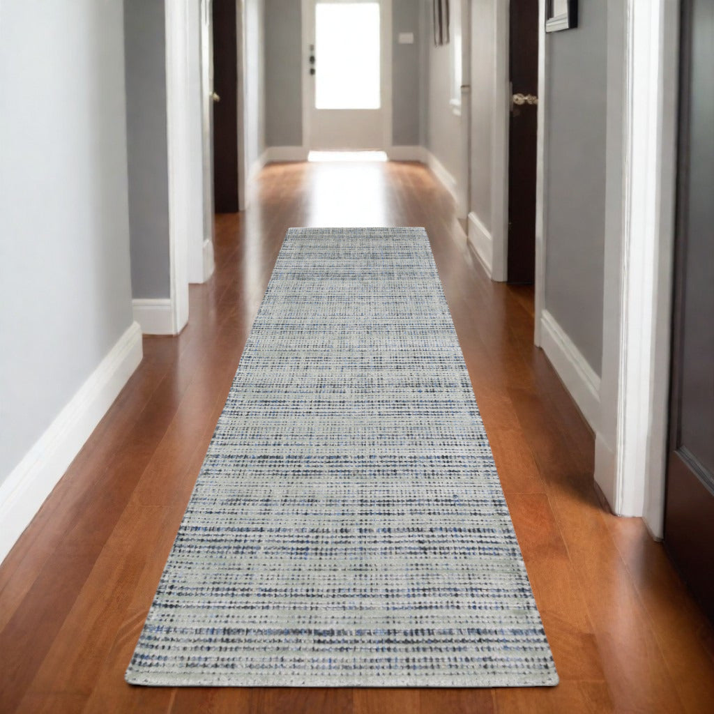 8' Gray And Blue Striped Hand Tufted Runner Rug