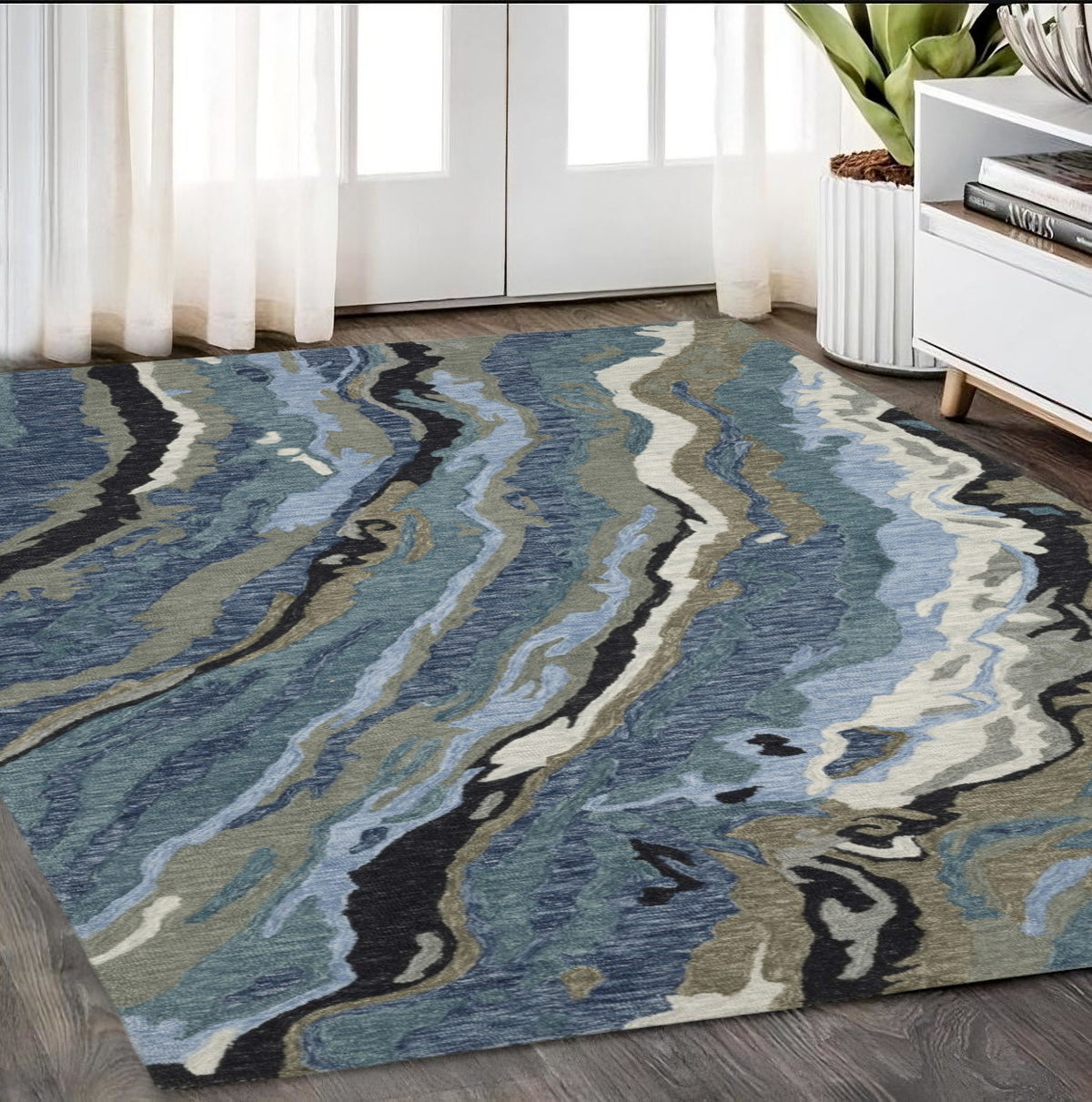 5' X 8' Blue And Teal Wool Abstract Hand Tufted Area Rug