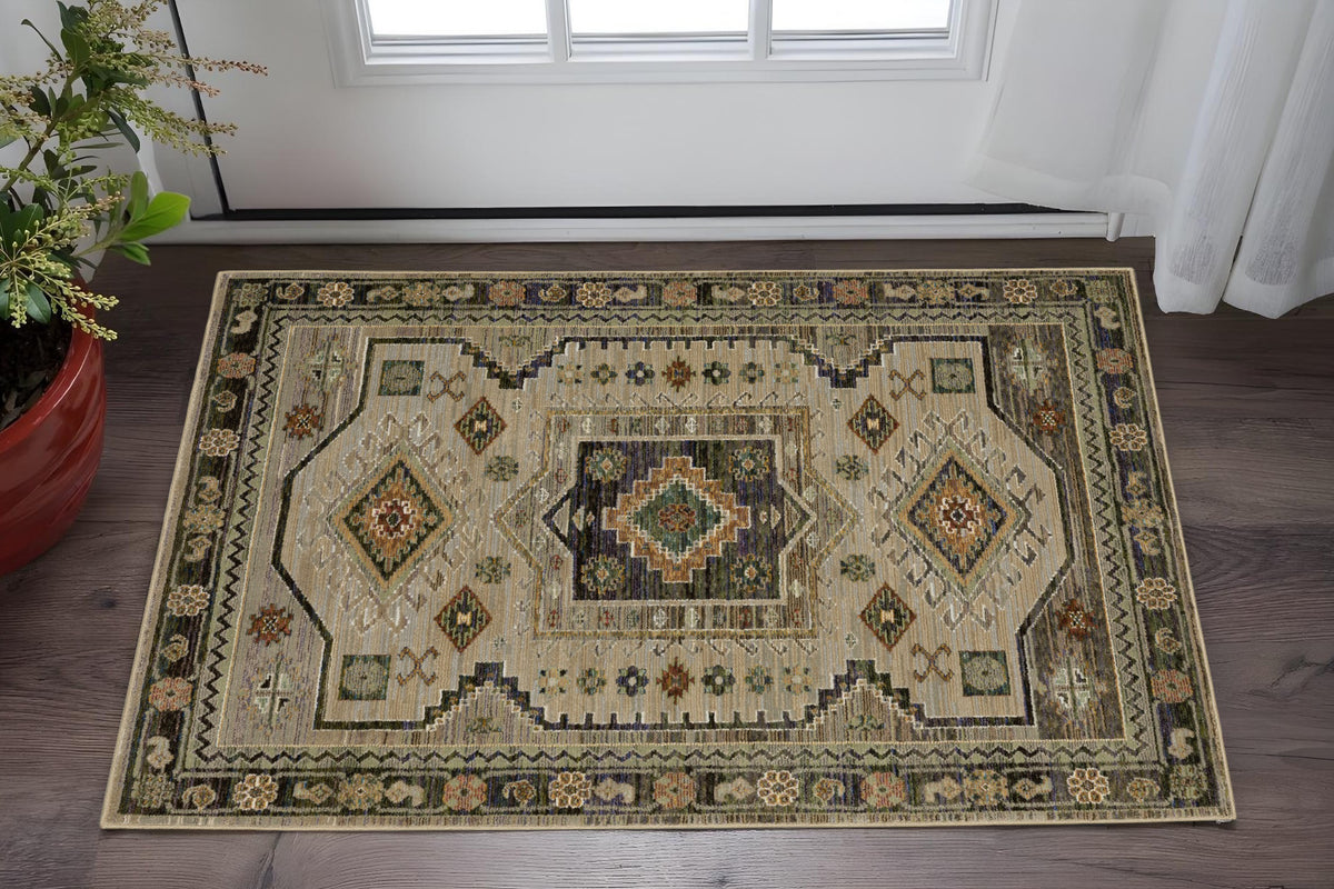 3' X 5' Gray And Green Tribal Area Rug