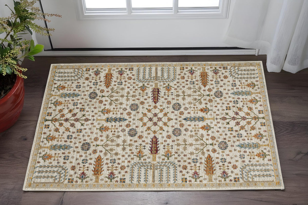 3' X 5' Ivory And Gold Oriental Area Rug