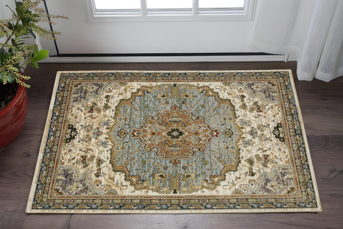 3' X 5' Ivory And Blue Oriental Area Rug