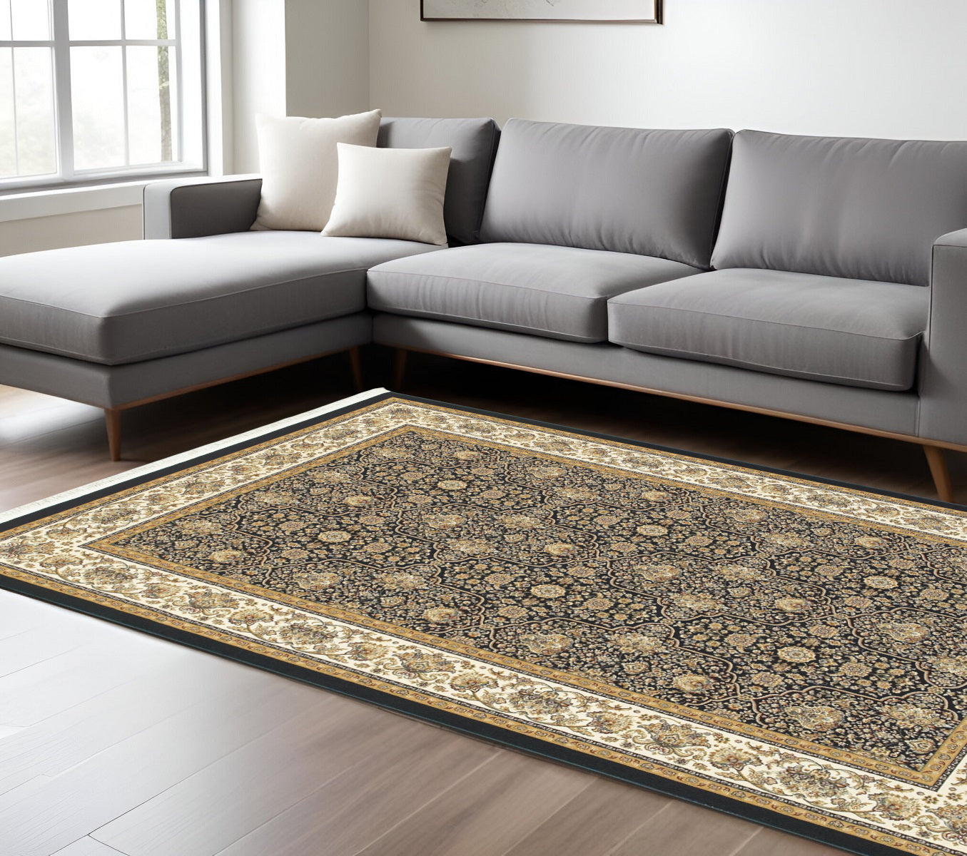 7' X 10' Navy Blue And Ivory Oriental Area Rug With Fringe