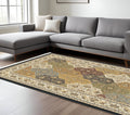 7' X 10' Navy Blue Tan And Ivory Oriental Area Rug With Fringe