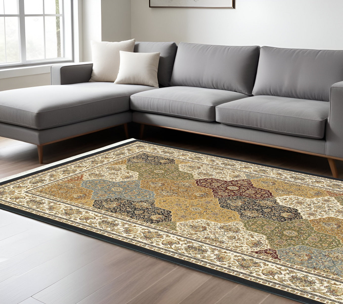 7' X 10' Navy Blue Tan And Ivory Oriental Area Rug With Fringe