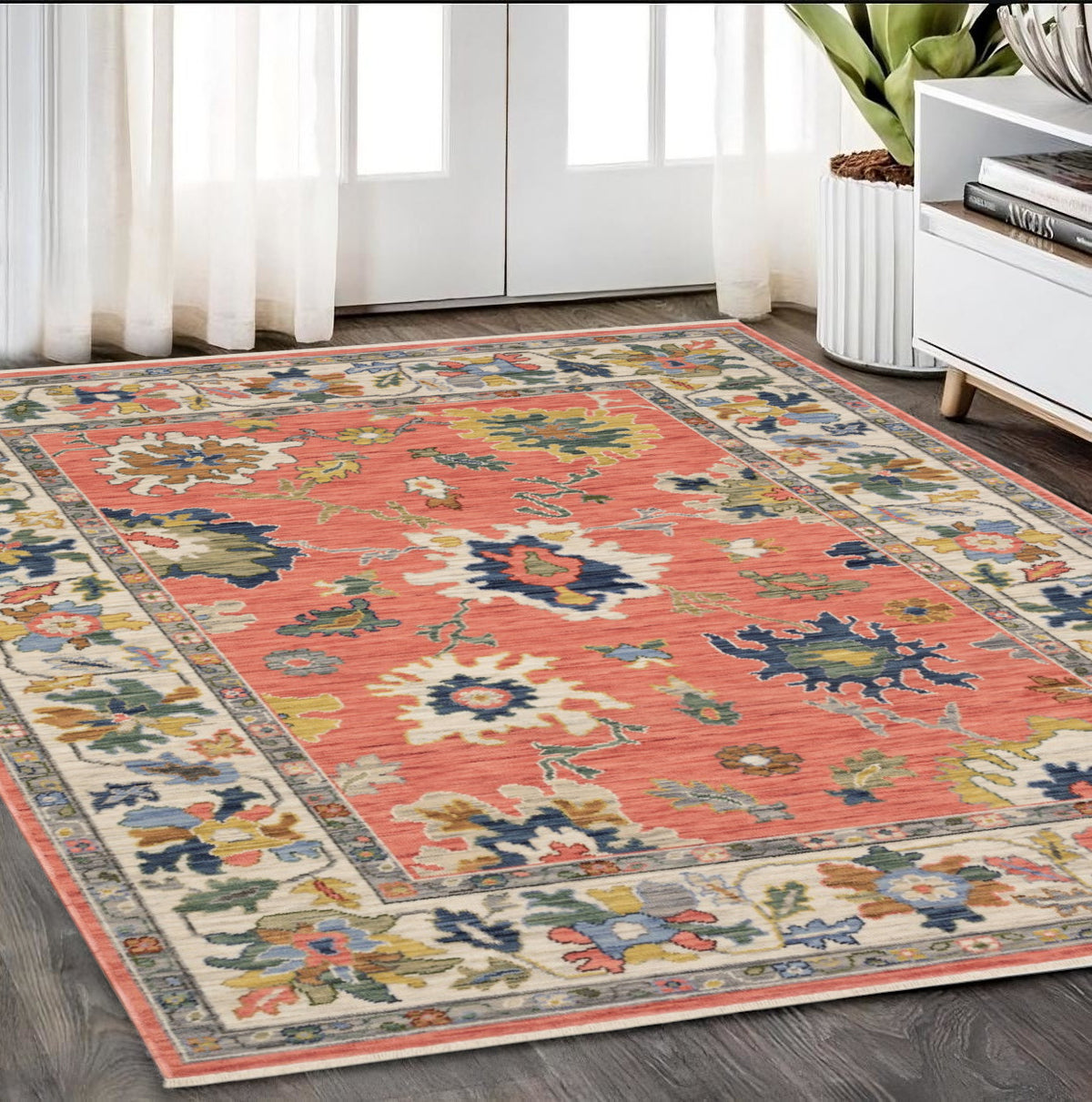 5' X 8' Salmon Blue And Yellow Oriental Area Rug With Fringe