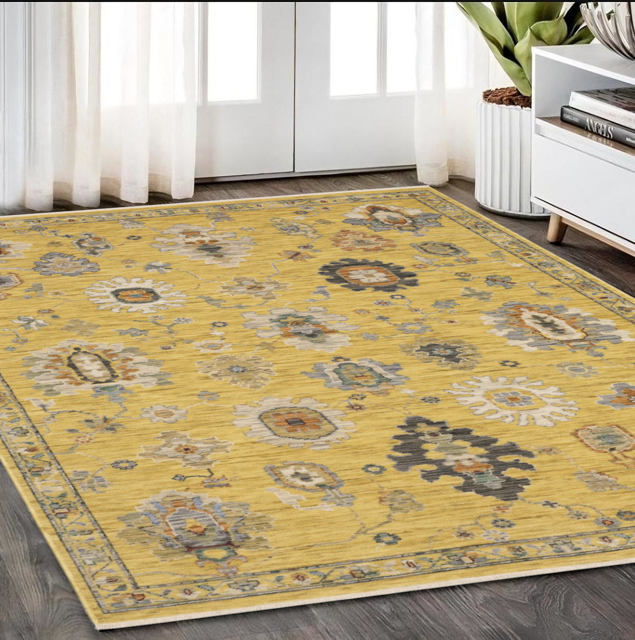 5' X 8' Yellow Gray And Black Oriental Area Rug With Fringe