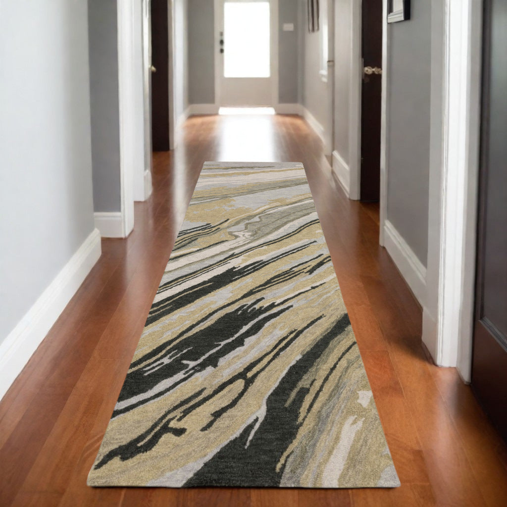 8' Gray And Gold Wool Abstract Hand Tufted Runner Rug