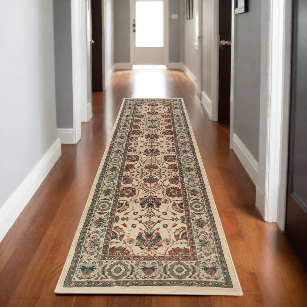 8' Ivory And Red Floral Runner Rug