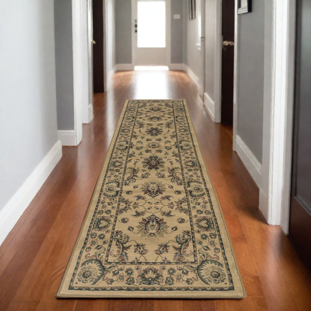 8' Ivory And Green Oriental Runner Rug