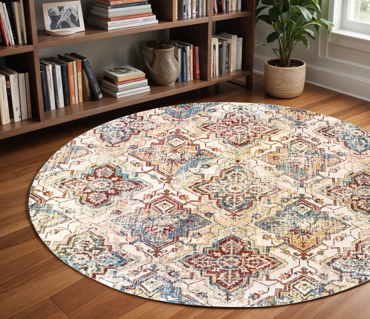 8' Ivory And Gold Oriental Round Rug