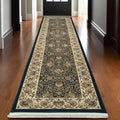 10' Navy Blue And Ivory Oriental Runner Rug With Fringe