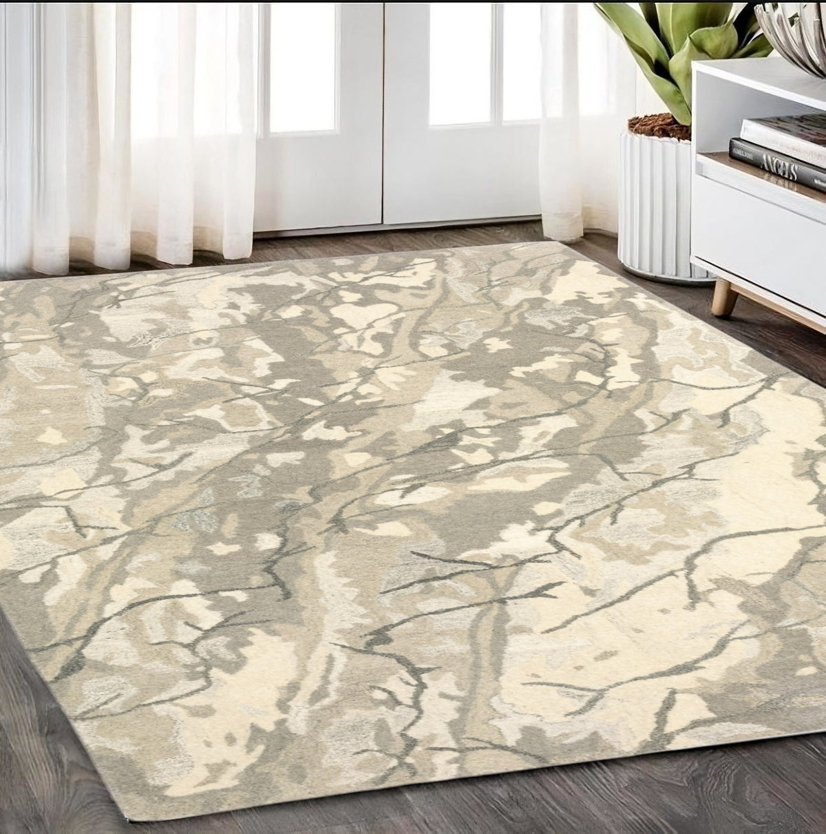 5' X 8' Beige And Ivory Wool Abstract Hand Tufted Area Rug