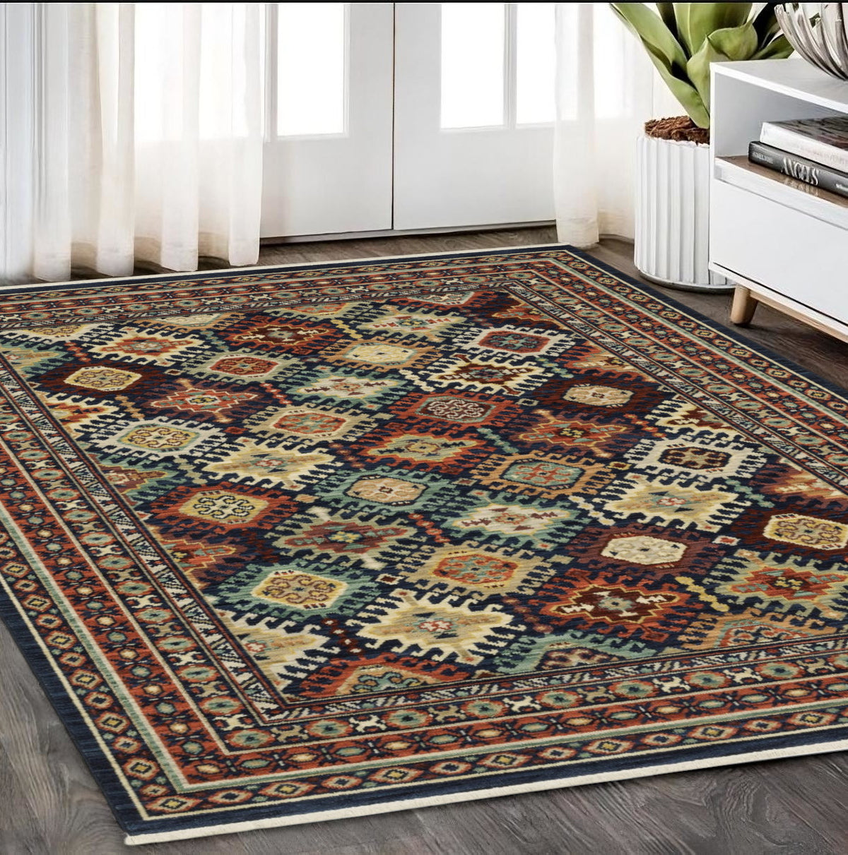 5' X 8' Navy Blue Red And Orange Oriental Area Rug With Fringe