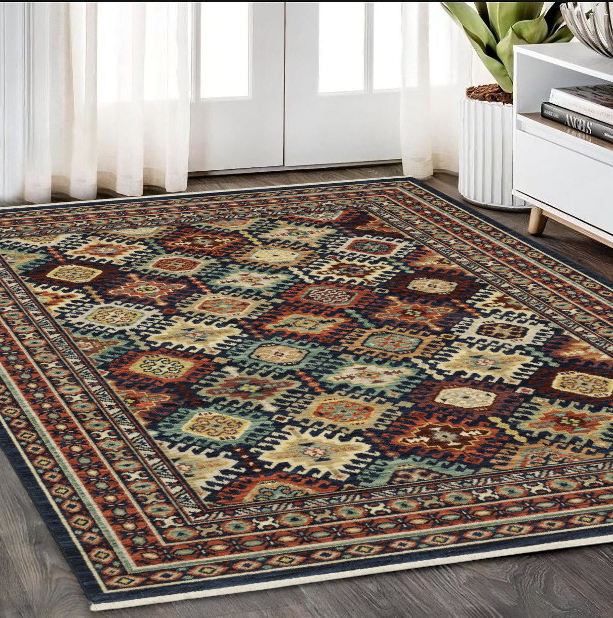 5' X 8' Navy Blue Red And Orange Oriental Area Rug With Fringe