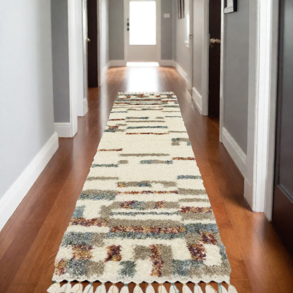 8' Ivory Tan And Red Abstract Shag Runner Rug With Fringe