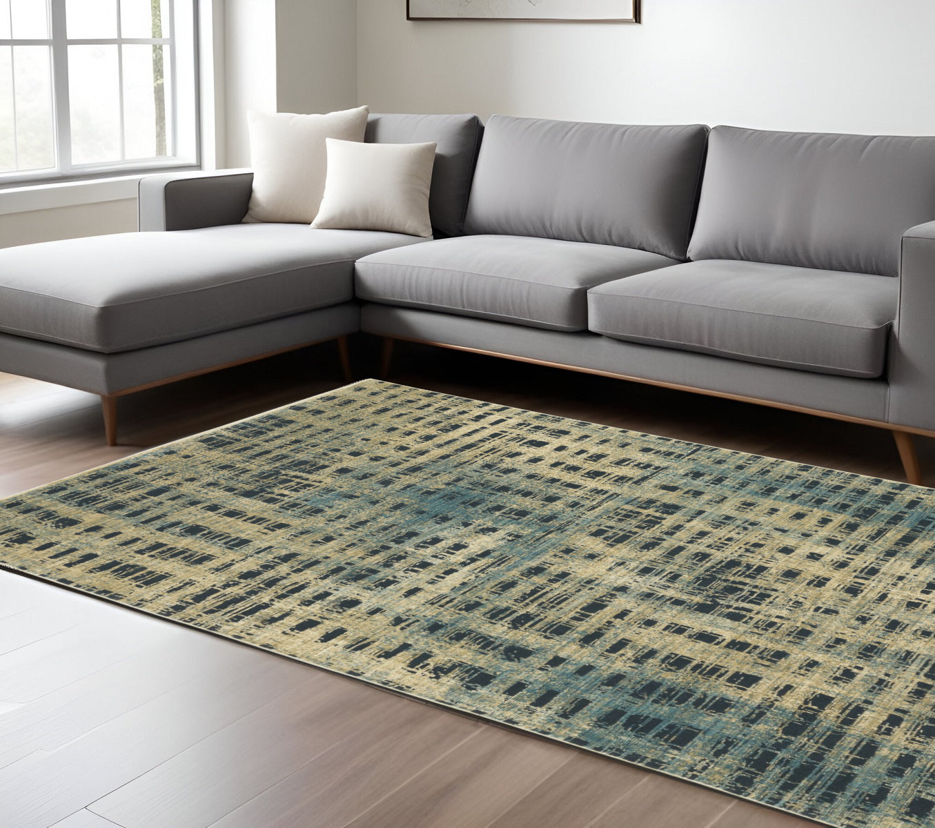 8' X 11' Beige And Blue Geometric Area Rug