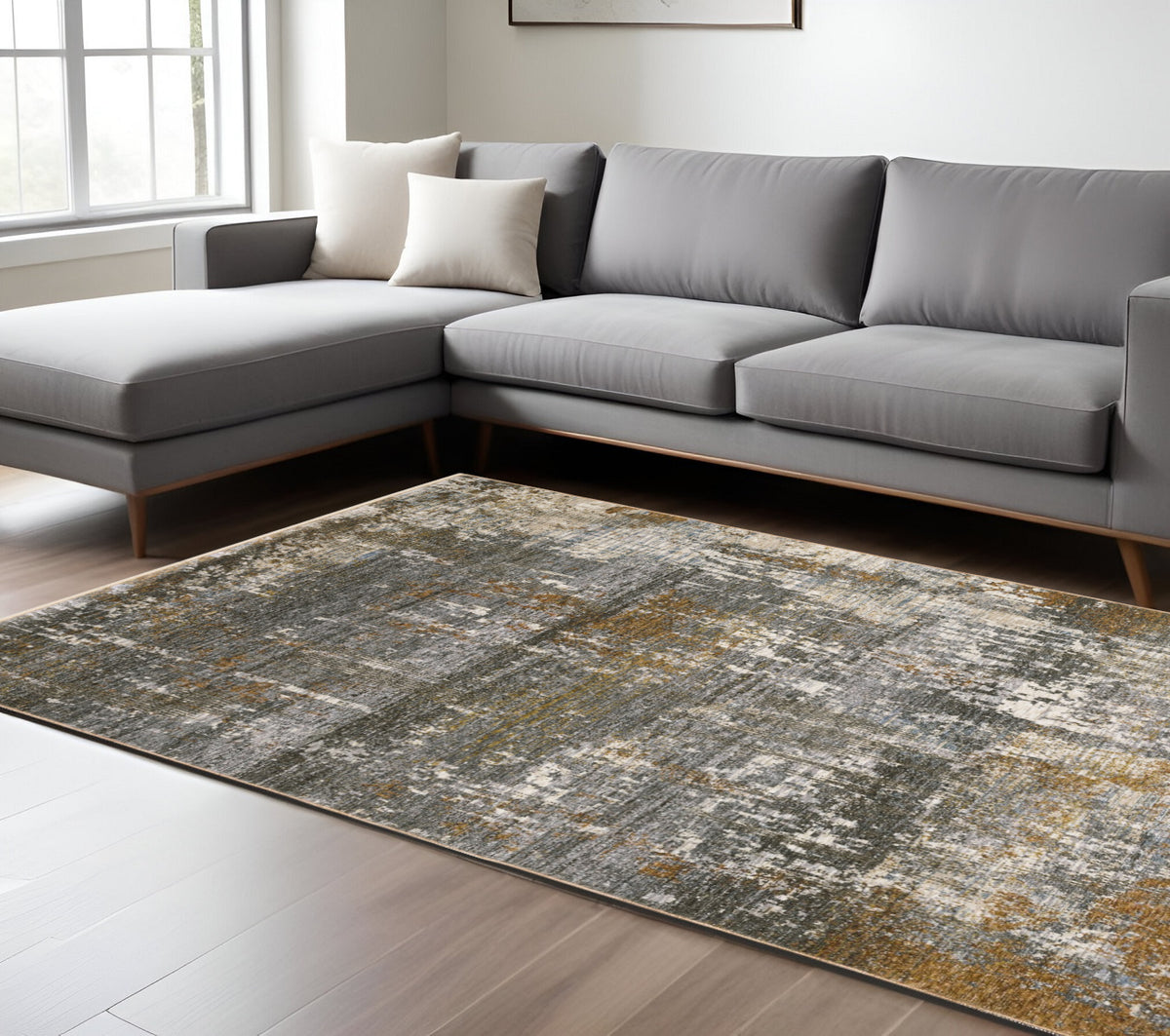 8' X 11' Gray And Gold Abstract Area Rug With Fringe