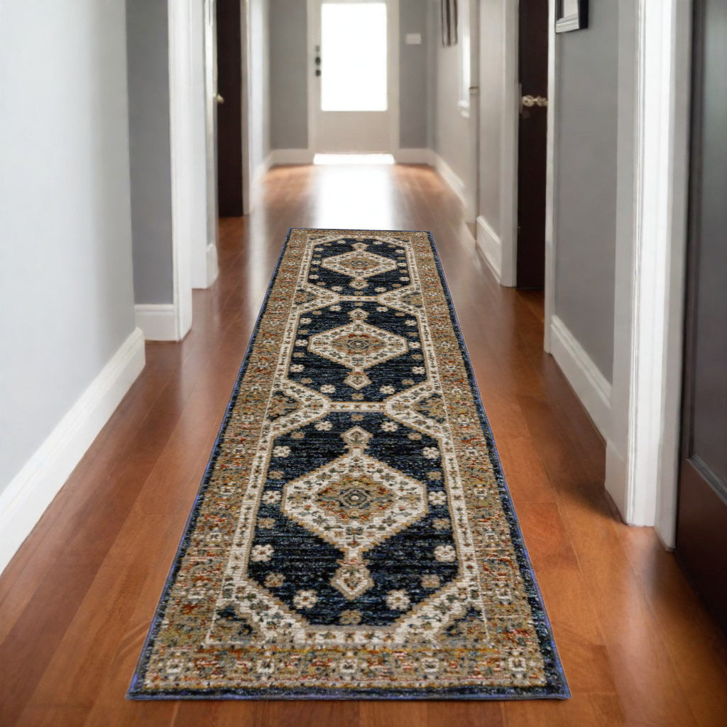8' Blue And Orange Medallion Runner Rug