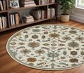 8' Ivory Gray And Light Blue Oriental Round Rug