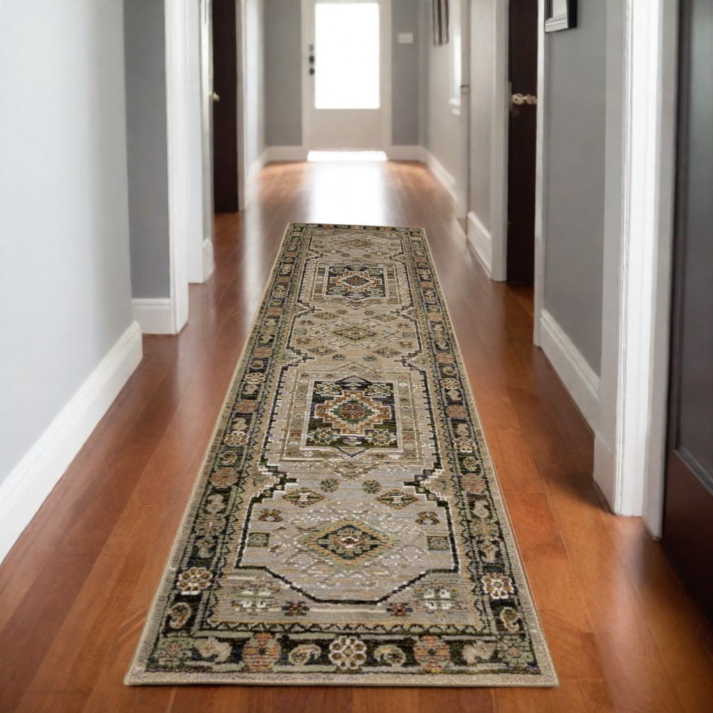 8' Gray And Green Tribal Runner Rug