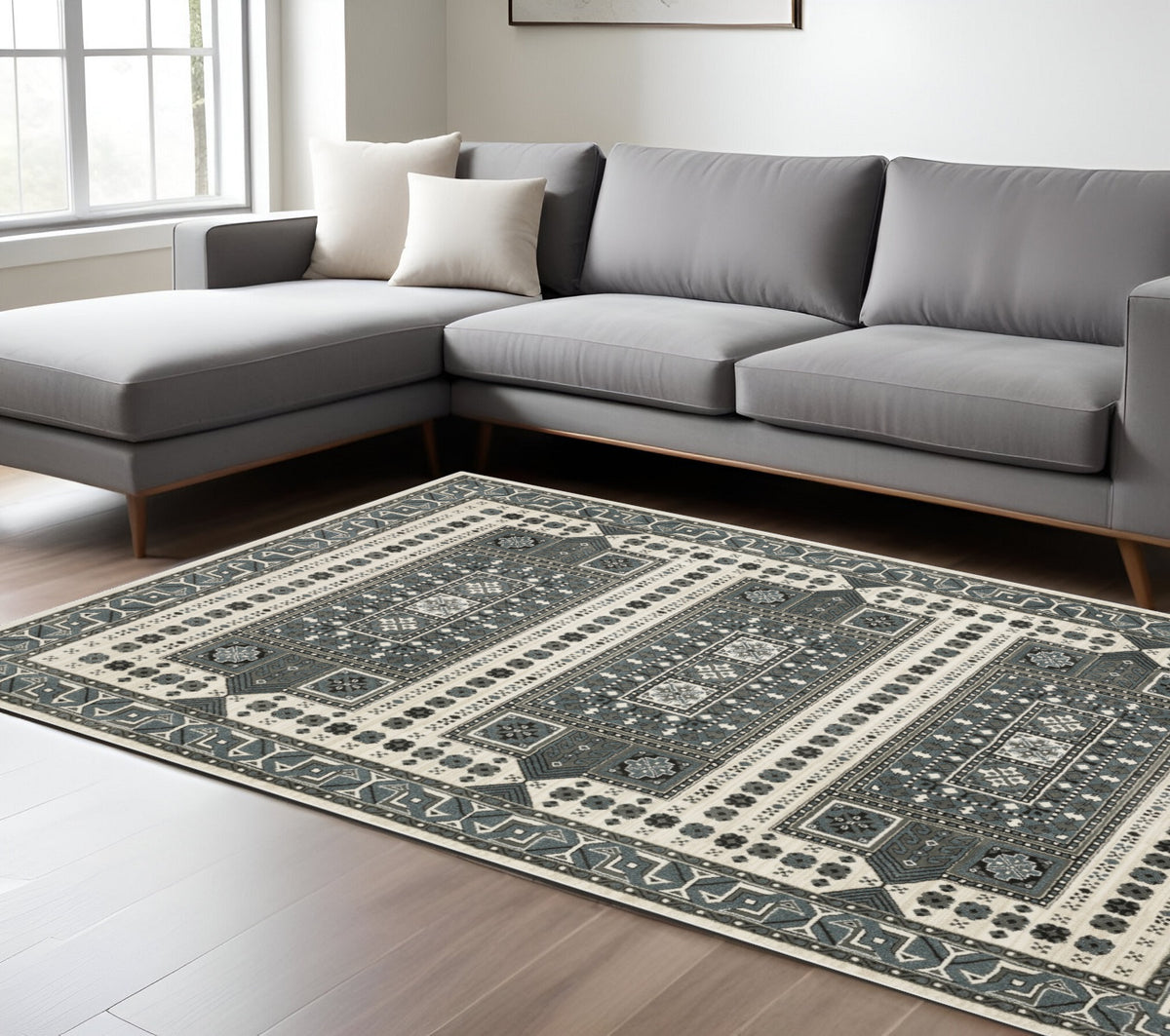 8' X 11' Gray And Blue Medallion Area Rug