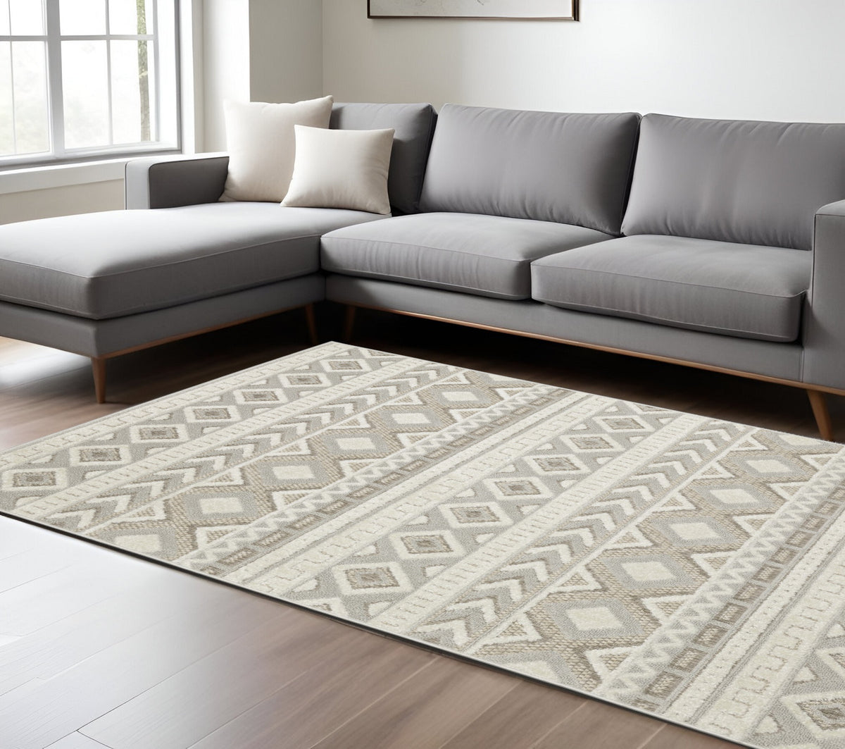 8' X 11' Gray And Beige Tribal Area Rug
