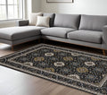 8' X 11' Navy Blue And Gold Medallion Area Rug With Fringe