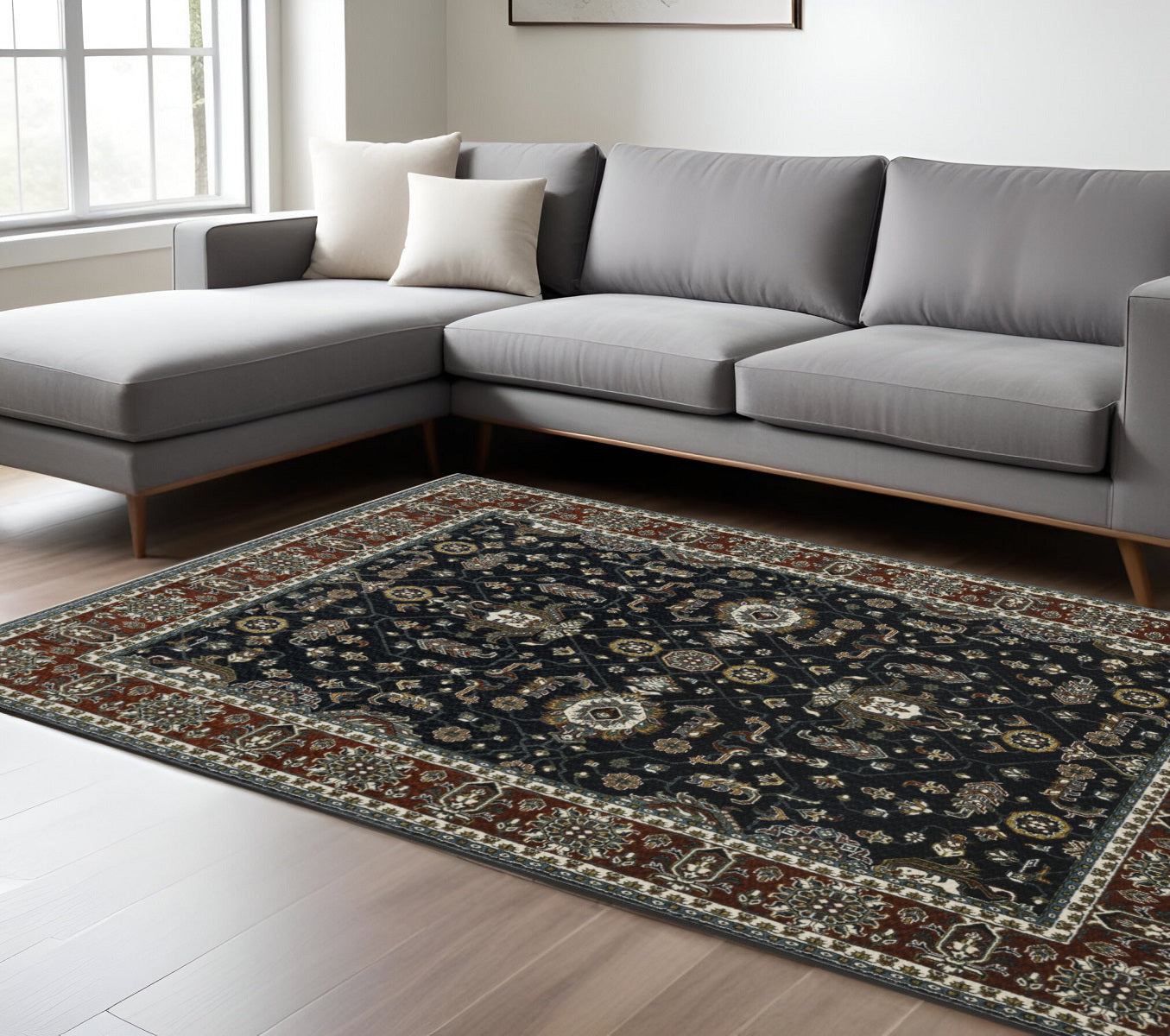 7' X 10' Navy Blue And Rust Oriental Area Rug With Fringe