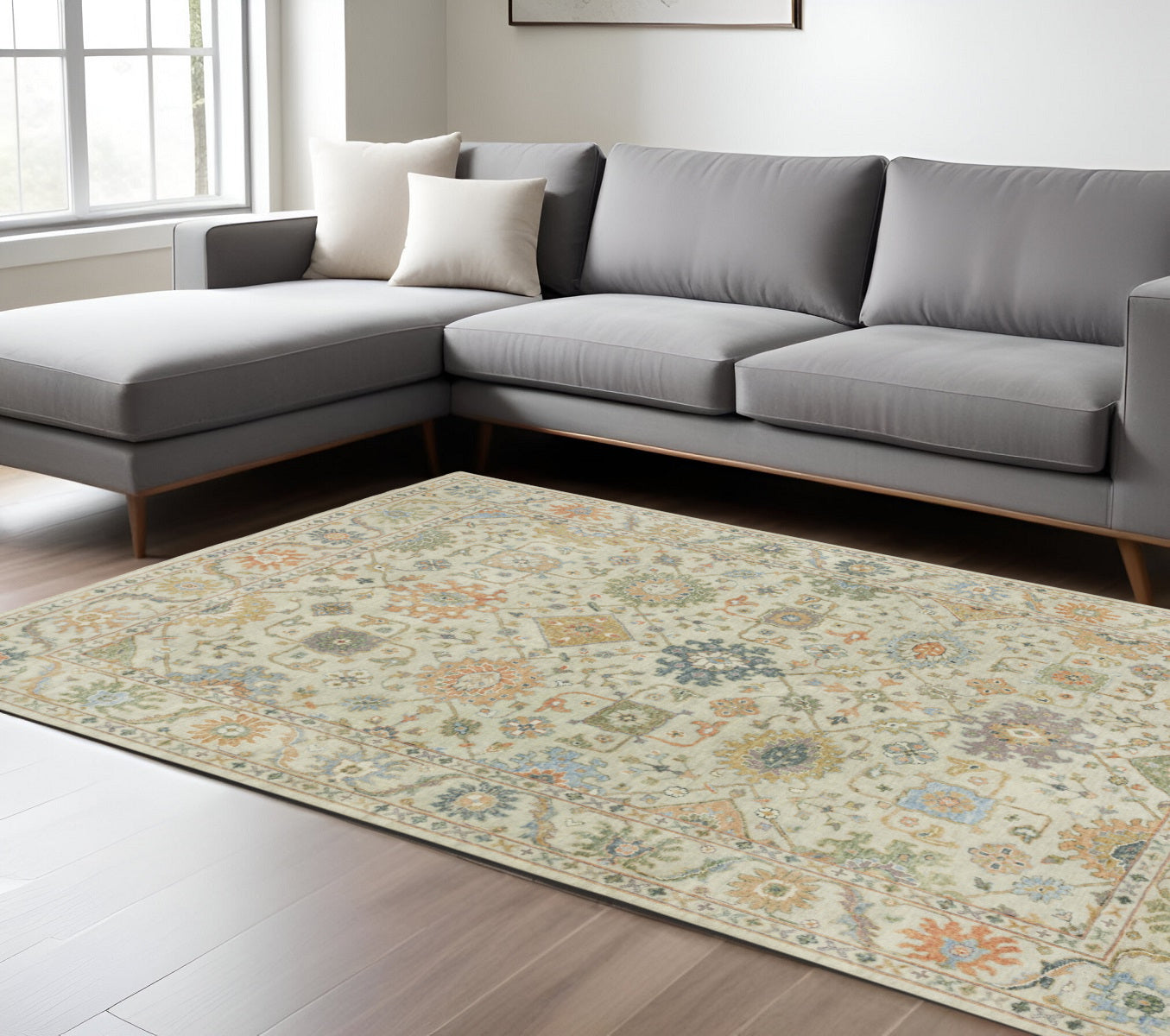 8' X 10' Beige And Green Wool Oriental Hand Knotted Area Rug With Fringe