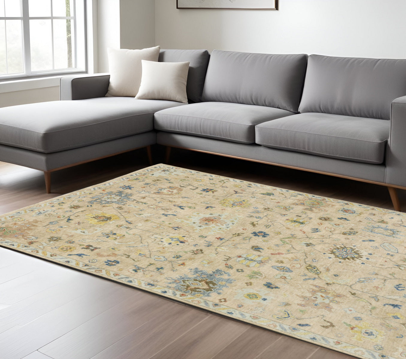 8' X 10' Beige Yellow And Light Blue Wool Oriental Hand Knotted Area Rug With Fringe