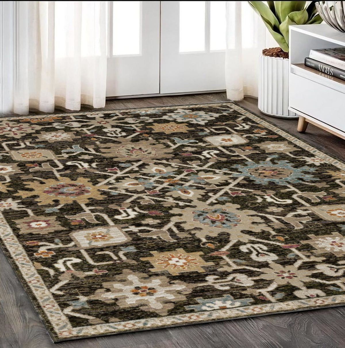 5' X 7' Brown Black And Tan Oriental Area Rug