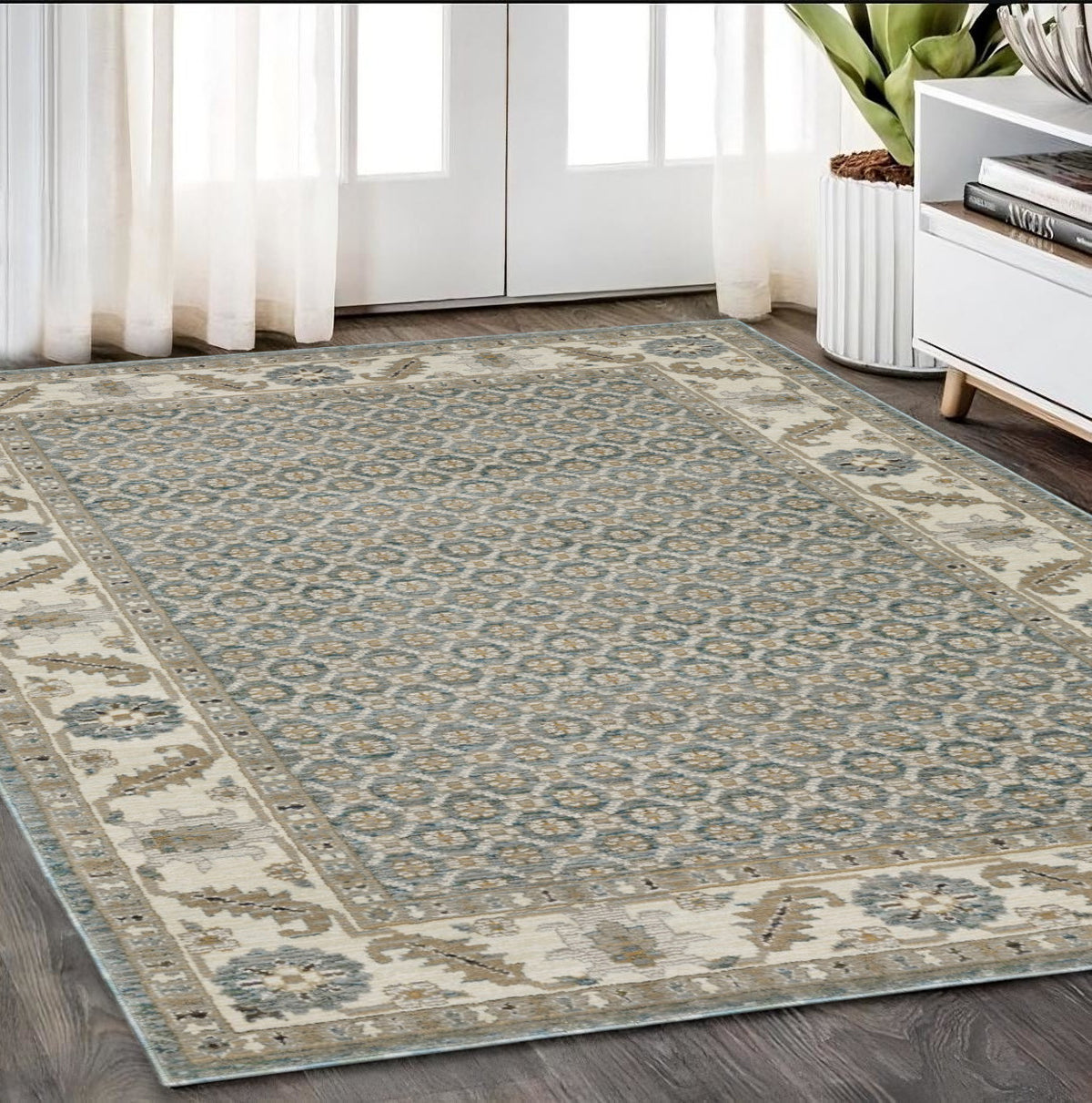 5' X 7' Blue And Ivory Oriental Area Rug