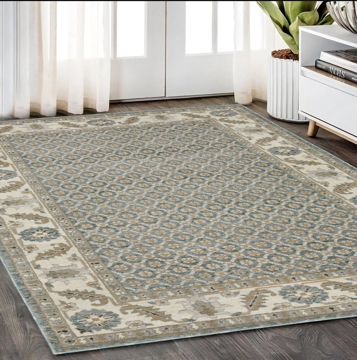 5' X 7' Blue And Ivory Oriental Area Rug