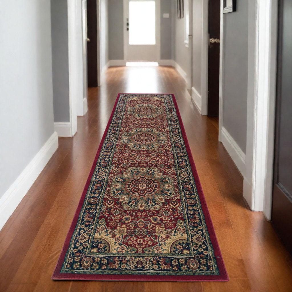 9' Red And Blue Oriental Runner Rug