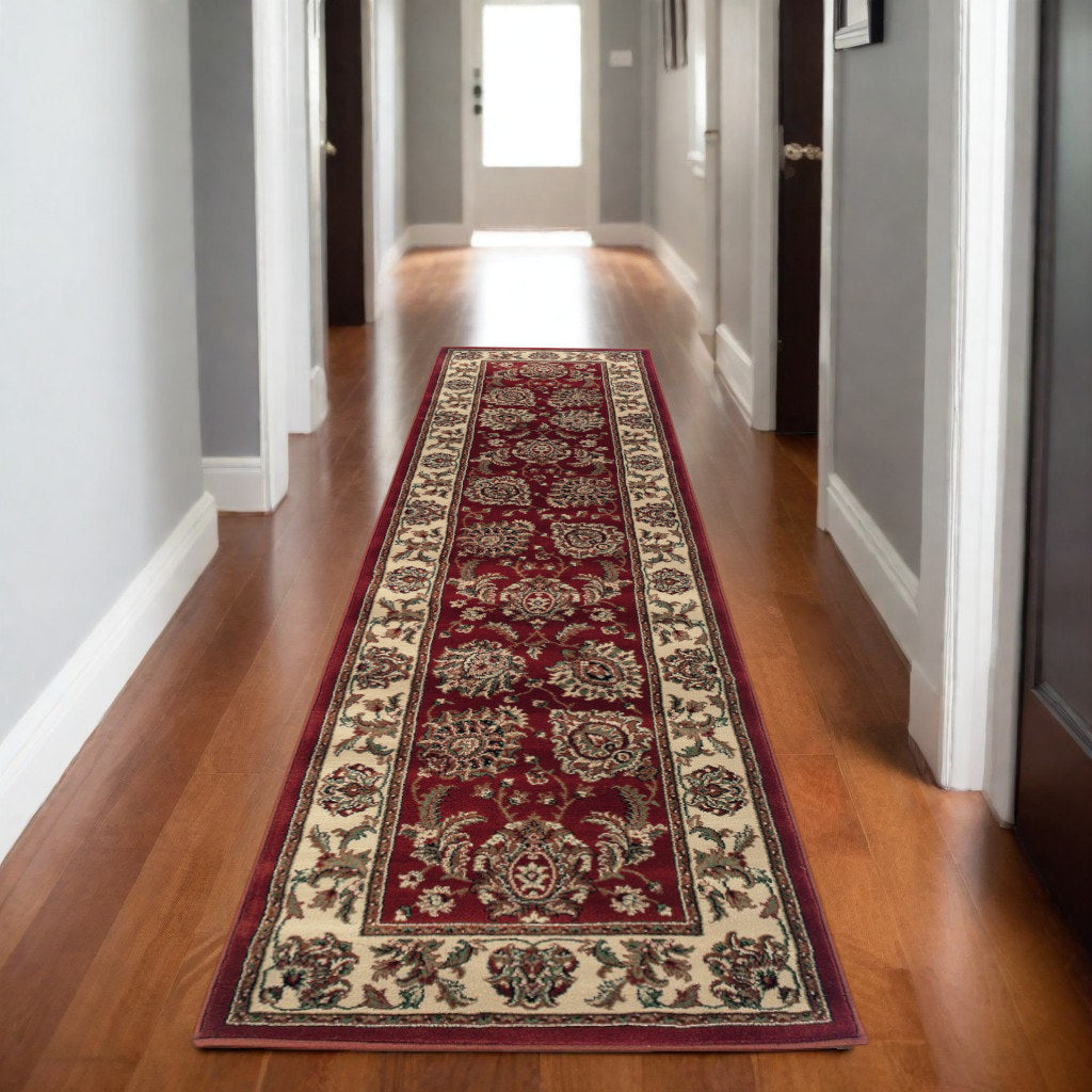 9' Red And Ivory Oriental Runner Rug
