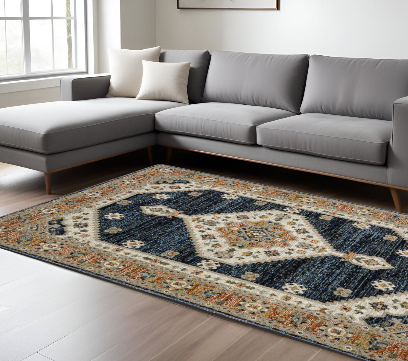 7' X 10' Blue And Orange Medallion Area Rug