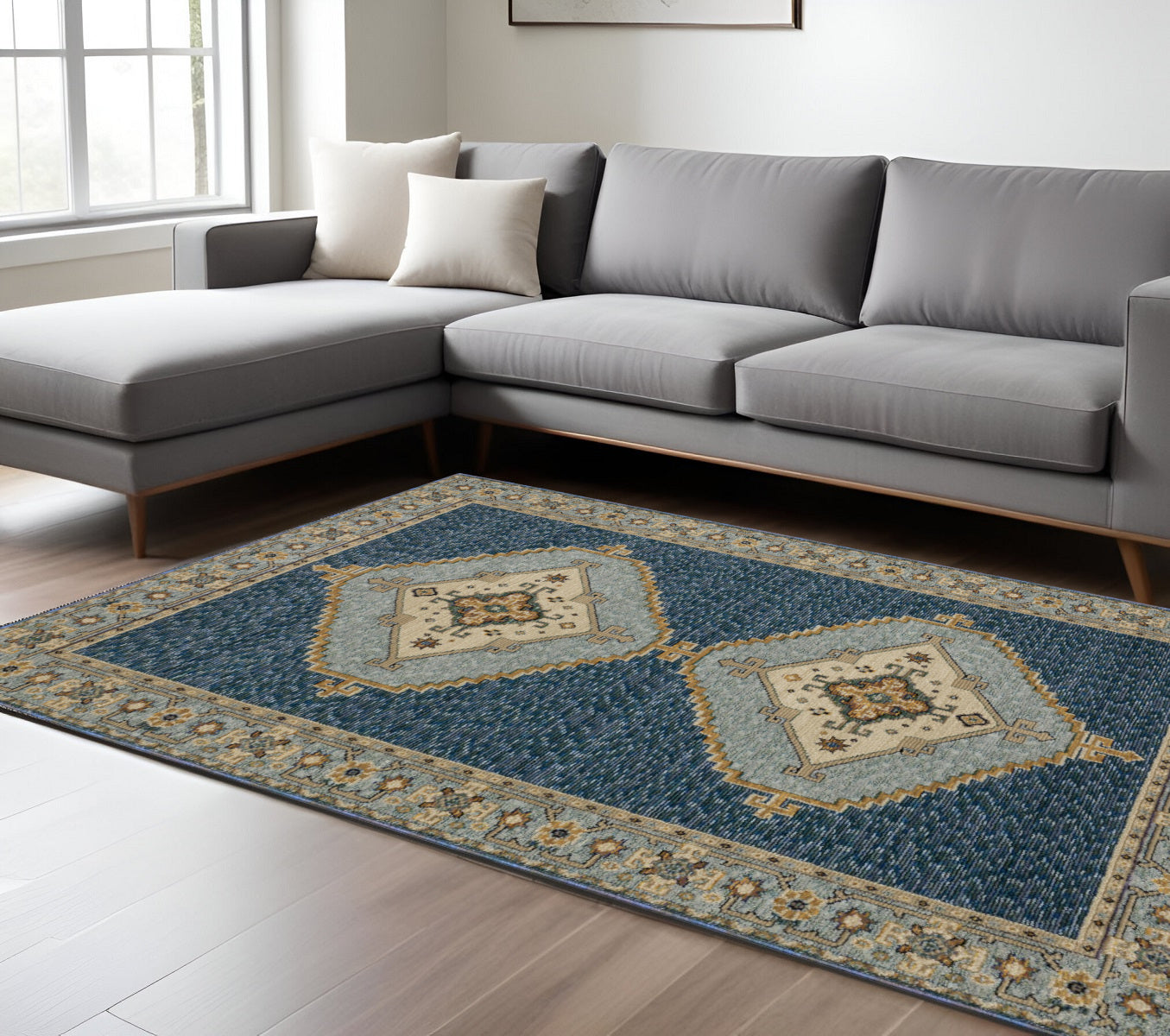 7' X 10' Blue And Gold Medallion Area Rug