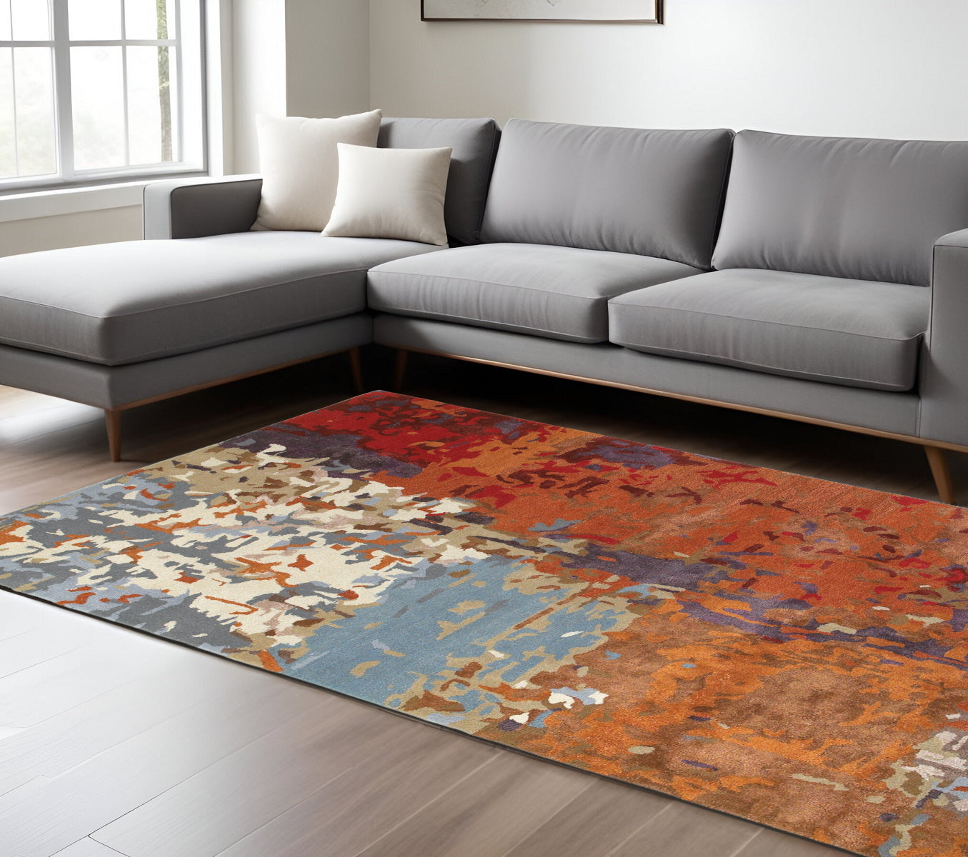10' X 13' Orange White And Blue Abstract Hand Tufted Area Rug