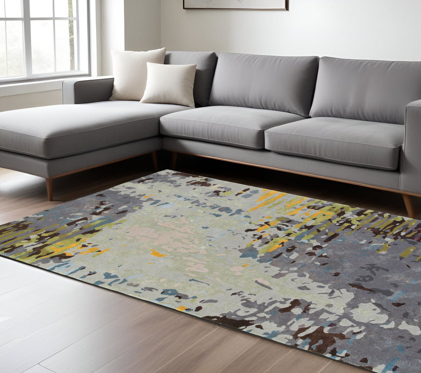 10' X 13' Gray Black And Yellow Abstract Hand Tufted Area Rug