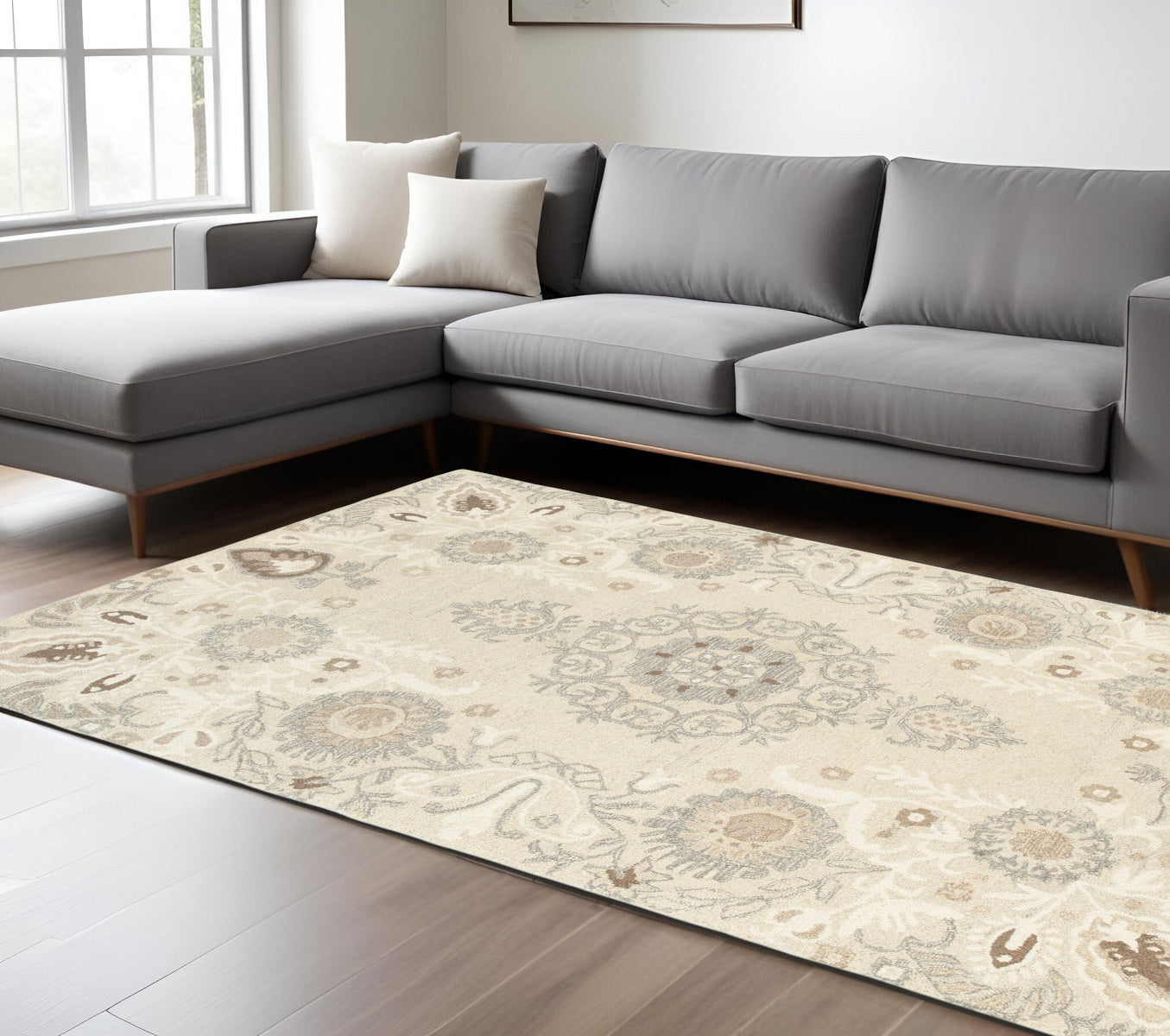 10' X 13' Sand Wool Floral Hand Tufted Area Rug
