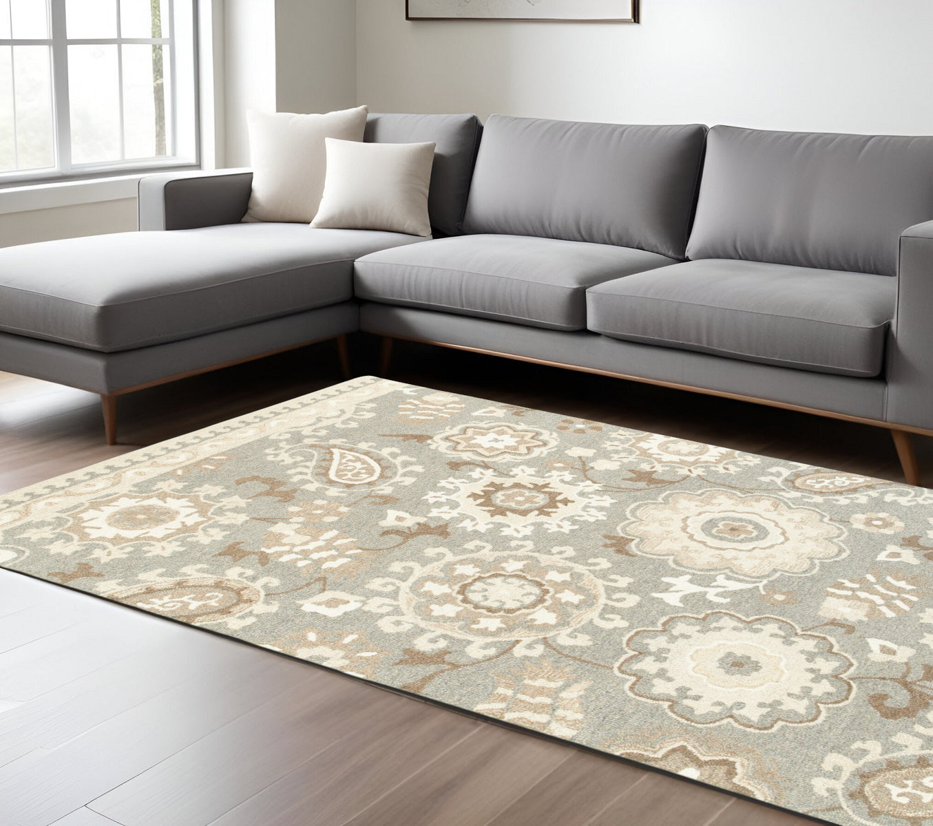 10' X 13' Gray And Sand Wool Floral Hand Tufted Area Rug