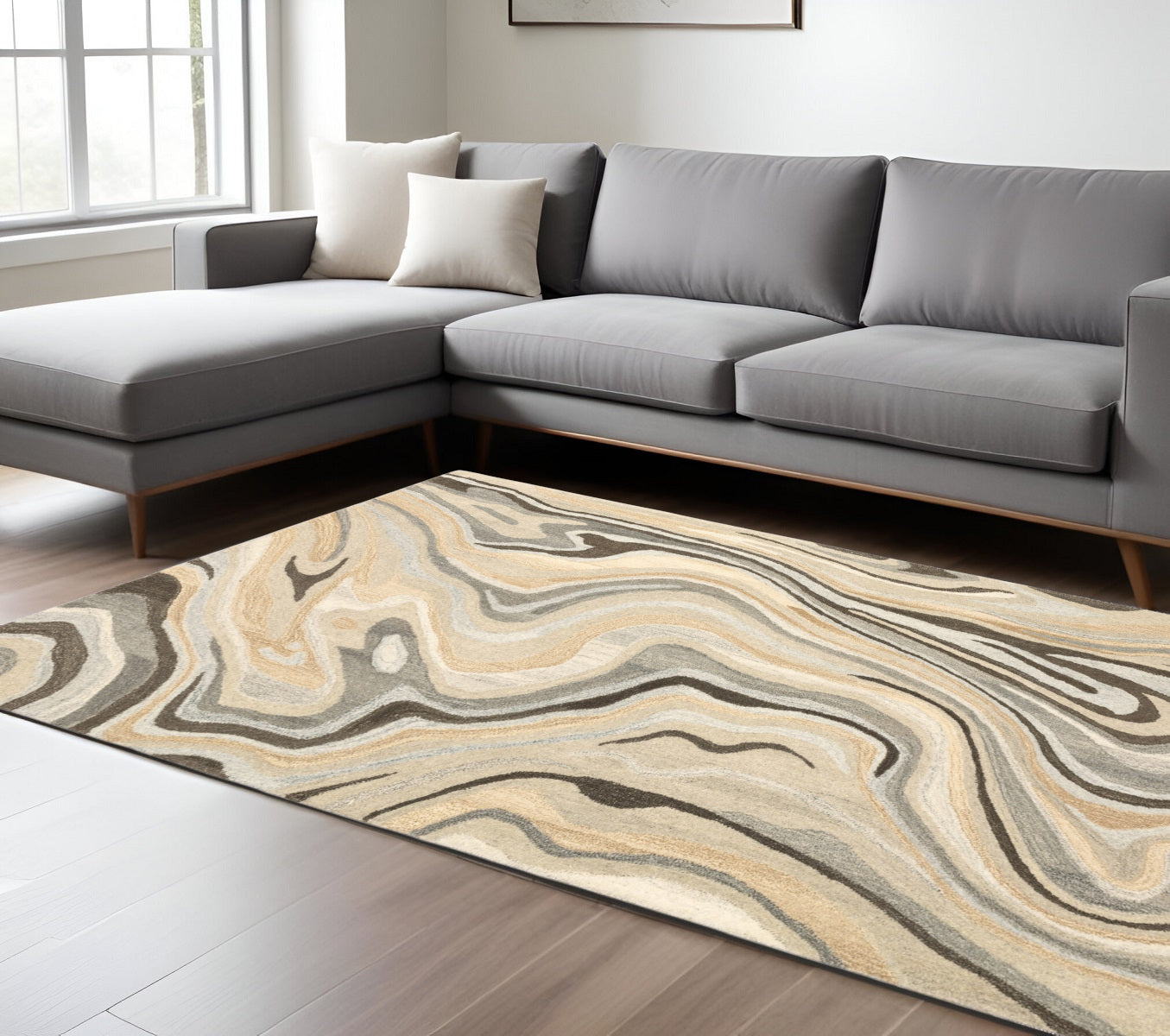 10' X 13' Beige And Charcoal Wool Abstract Hand Tufted Area Rug