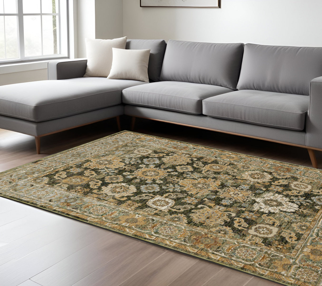 10' X 13' Green And Gold Oriental Area Rug