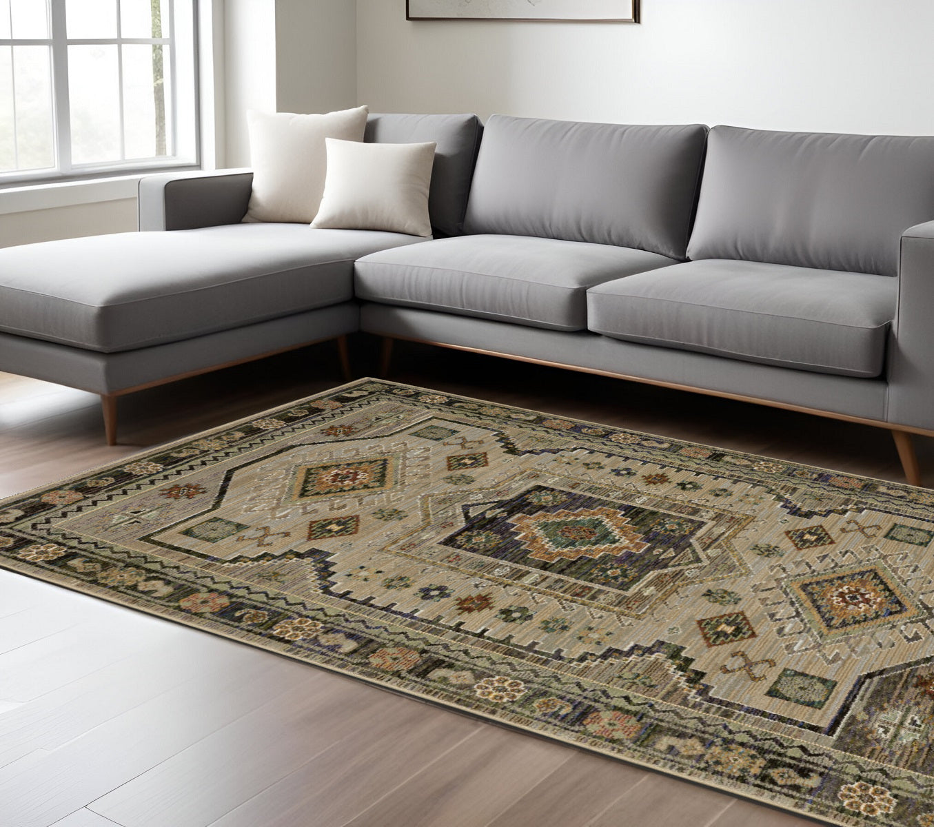 10' X 13' Gray And Green Tribal Area Rug