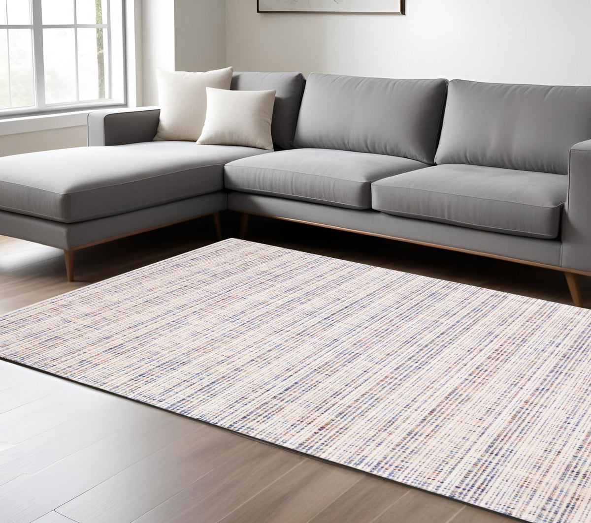 10' X 13' Ivory Blue And Yellow Striped Hand Tufted Area Rug