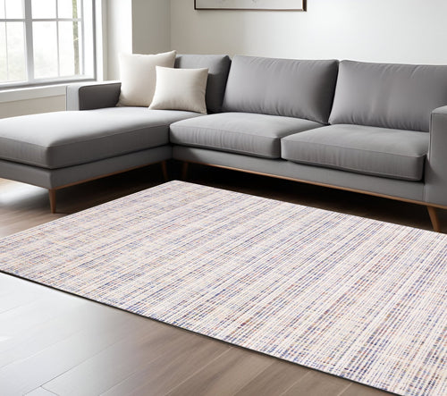 10' X 13' Ivory Blue And Yellow Striped Hand Tufted Area Rug