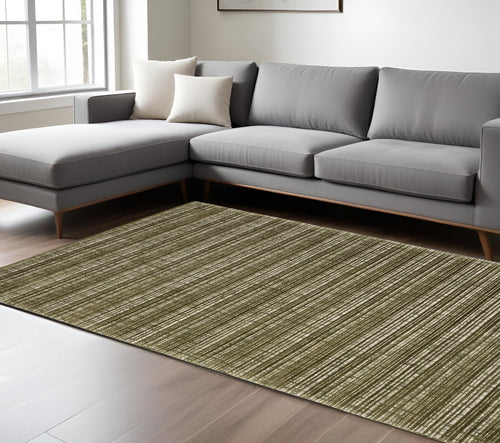 10' X 13' Green And Ivory Striped Hand Tufted Area Rug