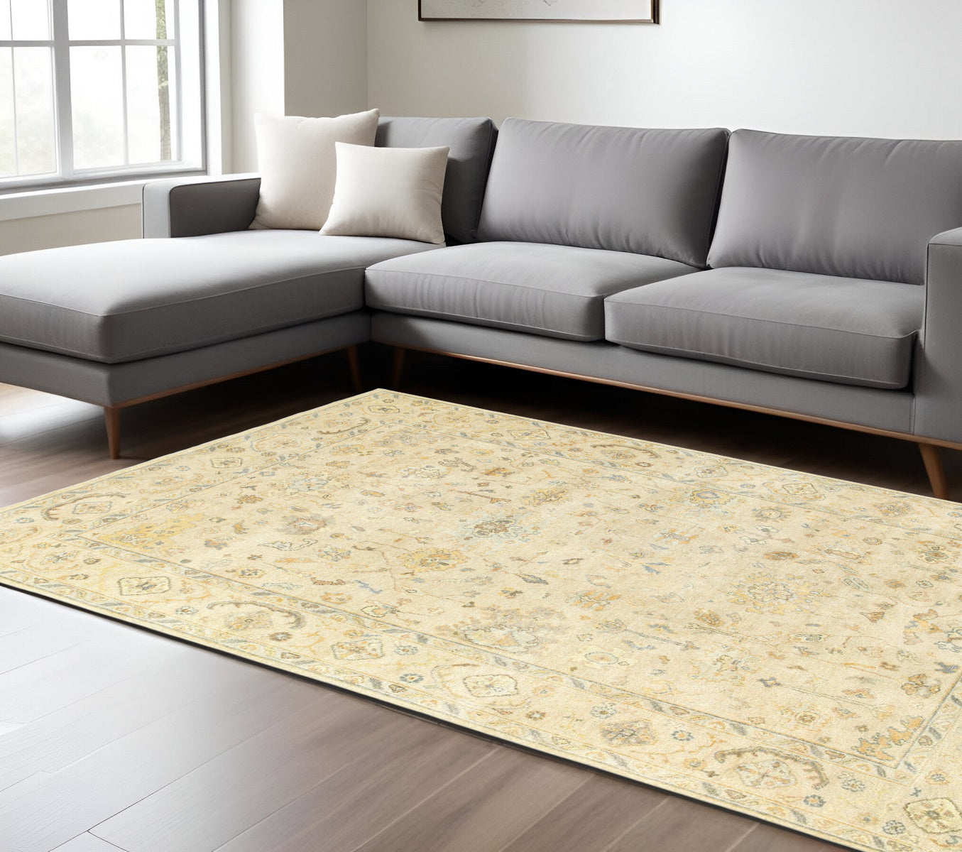 10' X 14' Beige And Gray Wool Oriental Hand Knotted Area Rug