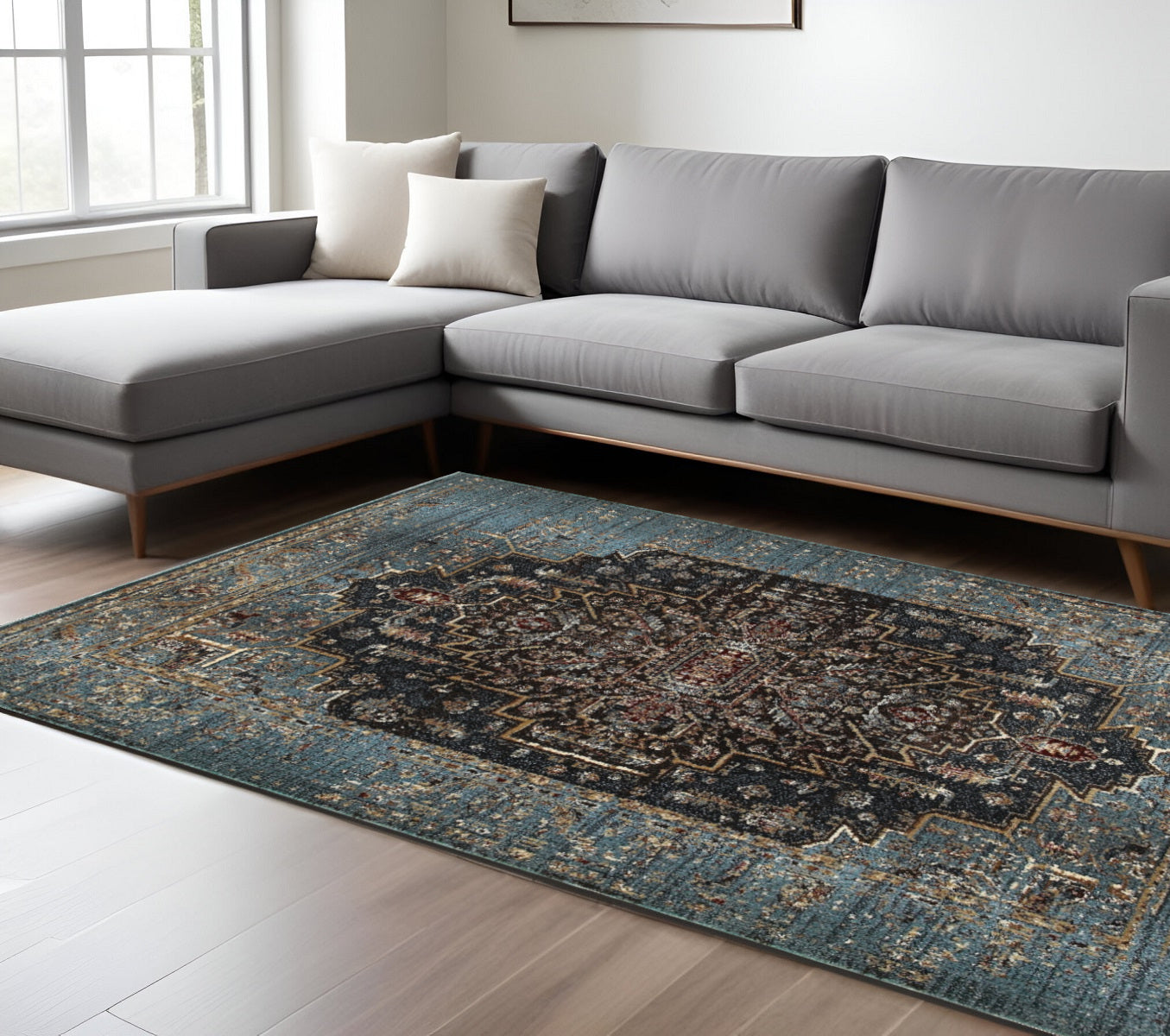 10' X 13' Blue And Navy Blue Medallion Area Rug