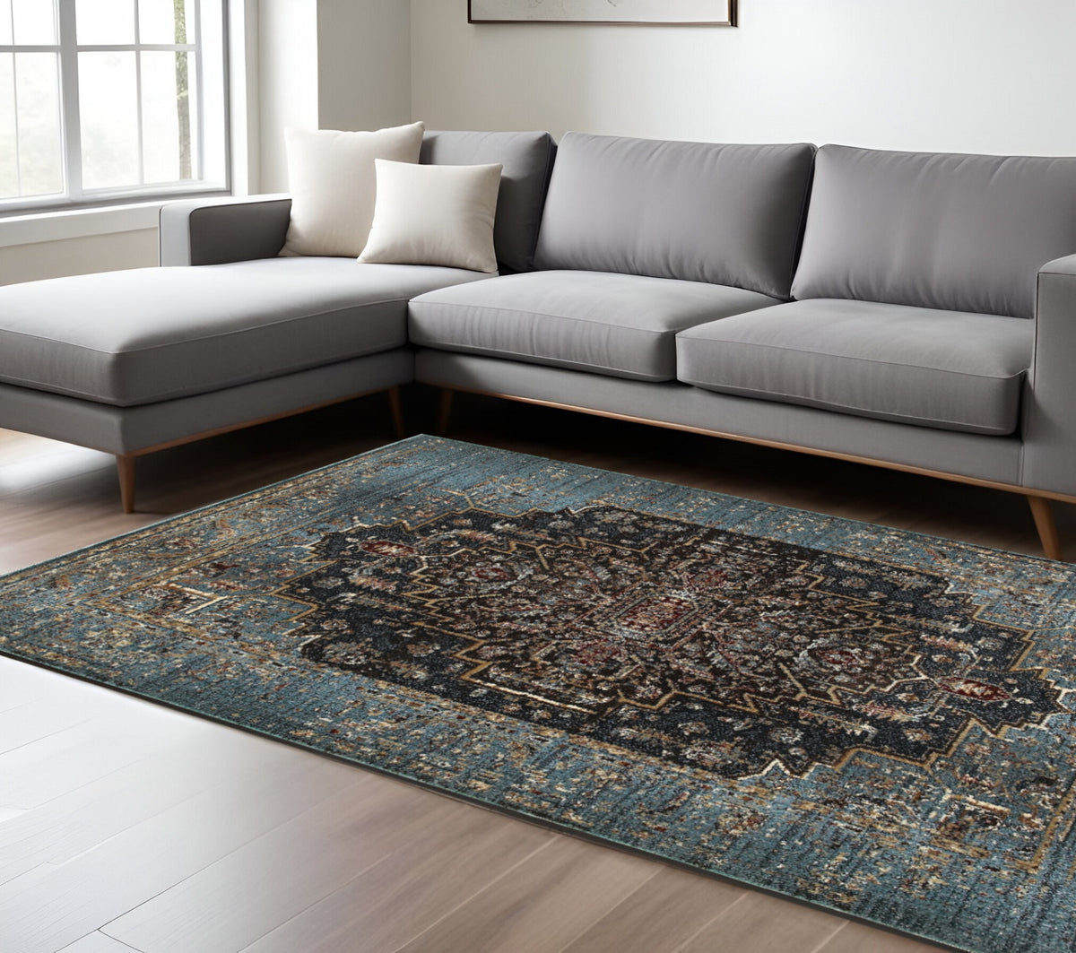 10' X 13' Blue And Navy Blue Medallion Area Rug